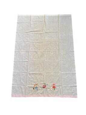Vintage Embroidered Baby Crib Flat Sheet Jump Rope Skiing Baseball White Pink